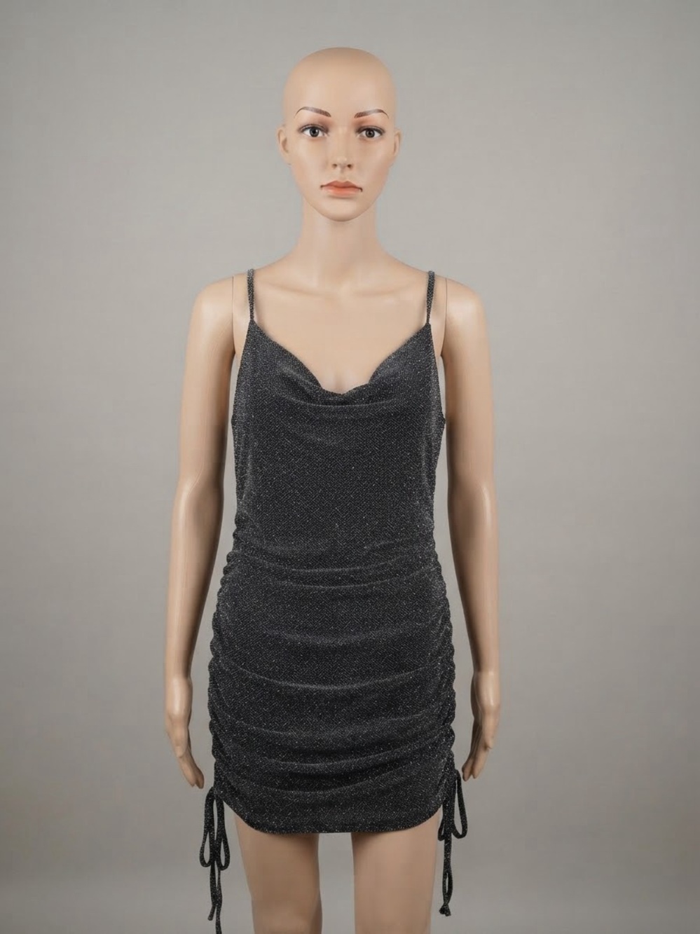 Sleeveless Sparkle Cowl Ruched Mini Dress - Black